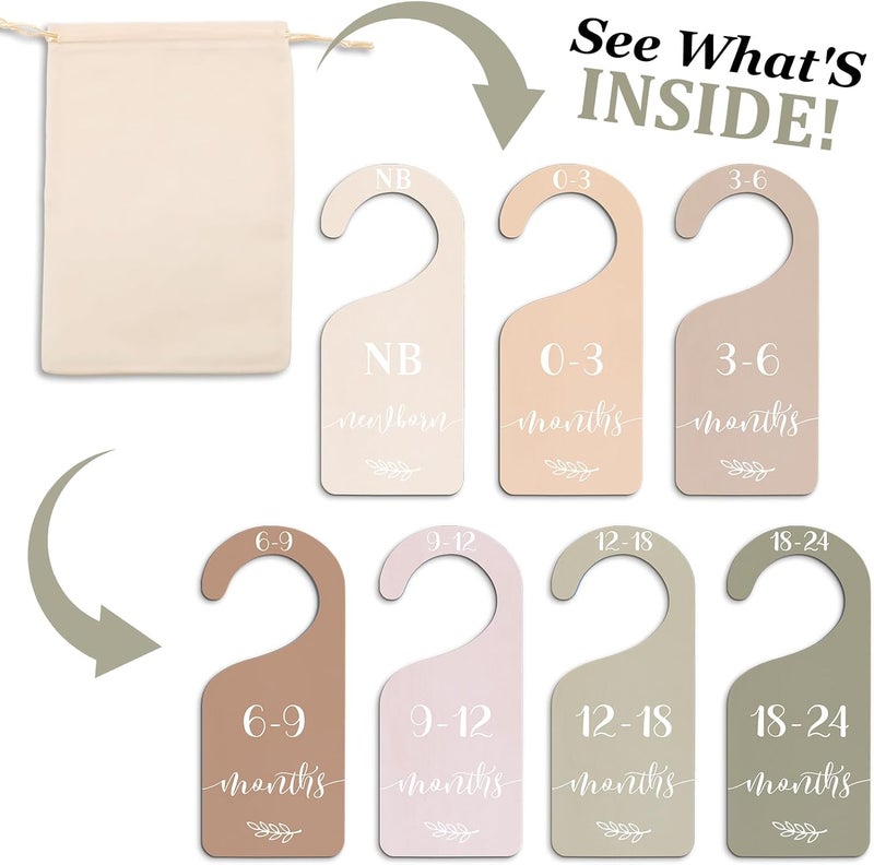 Whaline 7Pcs Earth Tone Wood Baby Closet Size Dividers with Velvet Bag Newborn to 24 Month Thicken Infant Wardrobe Hanger Organizers for Home Nursery Party Favors Supplies - Image 4